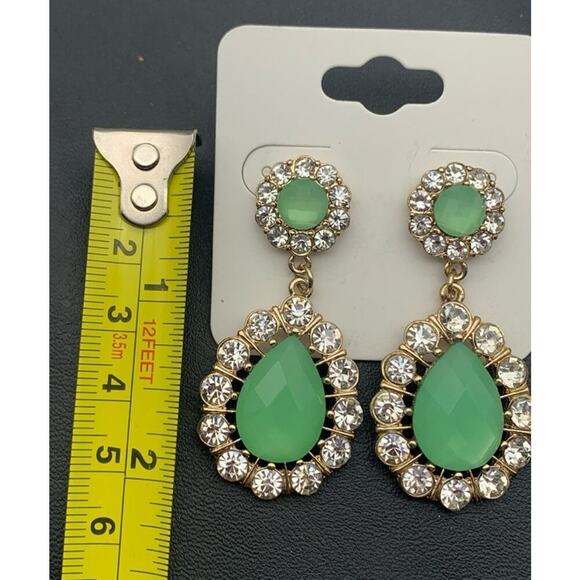 Beautiful Gold Tone & Faceted Jade Green And Clear Rhinestone Pierced Earrings - Picture 4 of 4